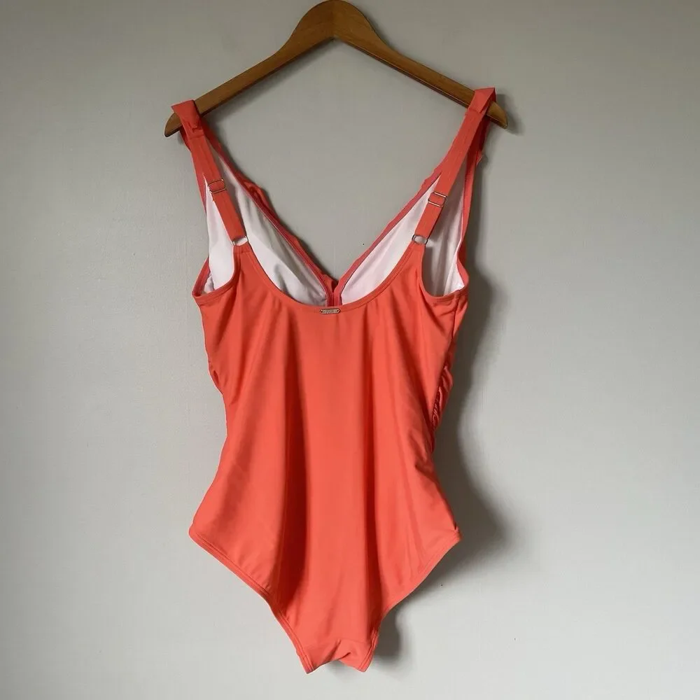 DKNY Swimsuit One Piece Coral Orange Pink Ruffles Women's Size 14 - Picture 2 of 8